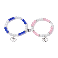 Mixed Color 2Pcs 2 Color Valentine's Day Cat Eye Round Beaded Stretch Bracelets Set, Heart Magnetic Alloy Couple Bracelets, Mixed Color, Inner Diameter: 2-3/8~2-1/2 inch(6~6.5cm), 1Pc/color
