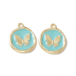 Turquoise Alloy Enamel Pendants, Light Gold, Flat Round with Butterfly, Turquoise, 21x18x2mm, Hole: 1.7mm