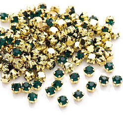 Emerald Flat Round Sew on Rhinestone, Glass Crystal Rhinestone, Multi-Strand Links, with Brass Prong Setting, Emerald, 4mm, about 1440pcs/bag