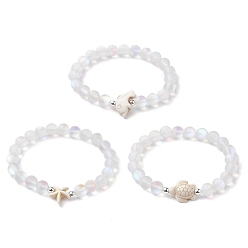 Beige 3Pcs Beach Dolphin & Turtle & Starfish Dyed Synthetic Turquoise Bead Bracelets, 8mm Round Synthetic Moonstone Beaded Stretch Bracelets for Women Men, Beige, Inner Diameter: 2-1/8 inch(5.5cm), 8mm