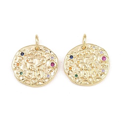 Gemini Brass Micro Pave Colorful Cubic Zirconia Charms, Round with Constellation Charms, Rack Plating, Long-Lasting Plated, Cadmium Free & Lead Free, Golden, Gemini, 14~15x14~15x1.6~2.2mm