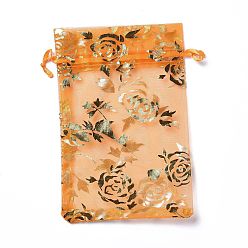Orange Organza Drawstring Jewelry Pouches, Wedding Party Gift Bags, Rectangle with Gold Stamping Rose Pattern, Orange, 15x10x0.11cm