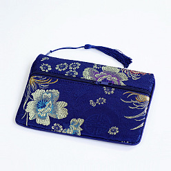 Bleu Foncé Pochettes d'emballage de bijoux en satin à motif de fleurs de style chinois, sacs cadeaux avec fermeture éclair et breloque pompon, rectangle, bleu foncé, 11x17.5 cm