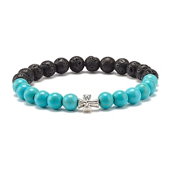 Cross Round Synthetic Turquoise & Natural Lava Rock Stretch Bracelet, Oil Diffuser Power Stone Bracelet with Cross Beads for Women, Antique Silver, Inner Diameter: 2-1/8 inch(5.5cm)