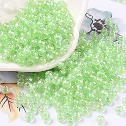 Lawn Green 6/0 Glass Seed Beads, Inside Colours, Round, Transparent Colours Rainbow, Lawn Green, 4x3mm, Hole: 1.2mm, about 6925pcs/pound