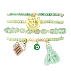 Light Green 4Pcs 4 Style Evil Eye Valentine's Theme Alloy Enamel & Polycotton(Polyester Cotton) Tassel Charm Bracelets Set, Glass Beaded Stretch Bracelets, Light Green, Inner Diameter: 2-1/8 inch(5.4cm), 1Pc/style
