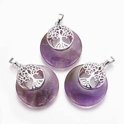 Amethyst Natural Amethyst Pendants, with Platinum Tone Brass Findings, Flat Round with Tree of Life, 32.5~33x27.5~28x5~6mm, Hole: 5x7mm
