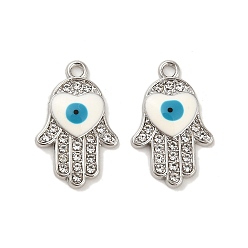 Blanc Platine plaqué pendentifs en émail d'alliage, avec strass, plaqué longue durée, Main de Hamsa avec breloque cœur et mauvais œil, blanc, 22.5x14.5x3mm, Trou: 2mm