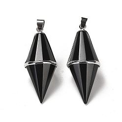 Obsidian Natural Obsidian Pointed Pendants, Faceted Bicone Bullet Charms with Rack Plating Platinum Plated Brass Findings, Cadmium Free & Lead Free, 42.5~43x17~18mm, Hole: 4x5.5mm