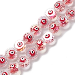 Red Transparent Evil Eye Glass Beads Strands, with Enamel, Faceted, Flat Round, Red, 10x8~8.5mm, Hole: 1.4mm, about 40pcs/strand, 14.57''(37cm)