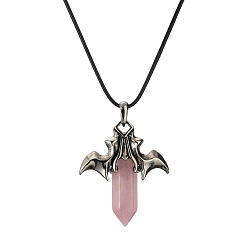 CN000503 Pink Crystal Retro Bat Pendant with Crystal Hexagonal Prism, Fashionable Unisex Necklace
