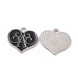 Black Alloy Enamel Pendants, Heart with Letter A Charm, Platinum, Black, 17x18x1mm, Hole: 1.8mm