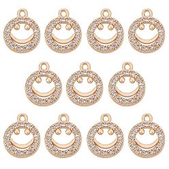Light Gold 10Pcs Rack Plating Brass Micro Pave Clear Cubic Zirconia Charms, Long-Lasting Plated, Flat Round with Smiling Face, Light Gold, 12.5x10x2mm, Hole: 1.2mm