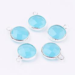 Light Blue Silver Color Plated Brass Glass Flat Round Charms, Faceted, Light Blue, 12x8.5x3mm, Hole: 1.5mm