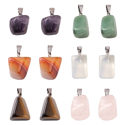 Mixed Stone 12Pcs 6 Style Natural & Synthetic Gemstone Pendants, with Stainless Steel Snap On Bails, Nuggets, 15~35x10~20x5~15mm, Hole: 3~7.5mm, 2pcs/style