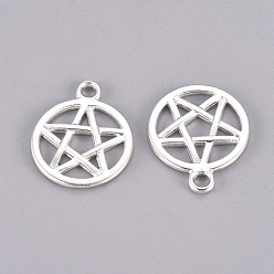Silver Tibetan Style Alloy Flat Round with Star Charms, Wicca Charms, Pentacle, Cadmium Free & Lead Free, Silver, 20.5x16.9x1.7mm, Hole: 2.2mm