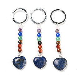 Lapis Lazuli Natural Lapis Lazuli Heart Pendant Keychain, with 7 Chakra Gemstone Beads and Platinum Tone Brass Findings, 10cm