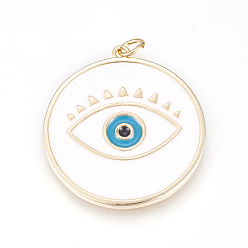 White Brass Enamel Pendants, Long-Lasting Plated, Lead Free & Cadmium Free & Nickel Free, Flat Round with Evil Eye, Real 18K Gold Plated, White, 31x28.5x2mm, Hole: 3.5mm