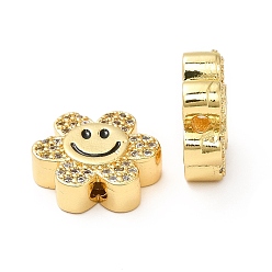 Clear Rack Plating Brass Cubic Zirconia Beads, with Enamel, Real 18K Gold Plated, Long-Lasting Plated, Cadmium Free & Lead Free, Flower with Smiling Face, Clear, 13x14x5mm, Hole: 1.5mm