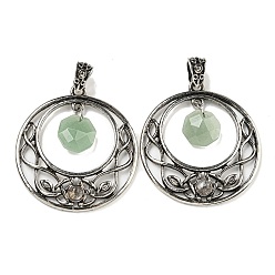 Зеленый Авантюрин Ограненные восьмиугольные подвески из натурального зеленого авантюрина, антикварные серебряные тона, полые плоские круглые подвески из сплава с покрытием, без свинца и без кадмия, 44x40x5 мм, отверстие : 4.5x6 мм