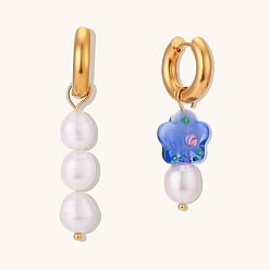 Blue flower Asymmetric Freshwater Pearl Flower Earrings, Minimalist Gold Plated Stainless Steel Jewelry for Women