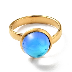 Темно-Голубой K9 стеклянное плоское круглое кольцо на палец, ионное покрытие (ip) 304 ювелирные изделия из нержавеющей стали для женщин, золотые, глубокое синее небо, размер США 7 3/4 (17.9 мм), кольцо поверхность: 12x7mm