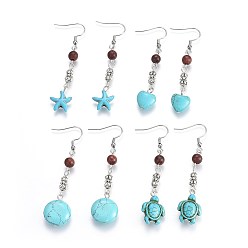 Synthetic Turquoise Synthetic Turquoise Dangle Earrings, with Natural Sandalwood and Alloy Beads, 304 Stainless Steel Earring Hooks, Mixed Shapes, 61~68mm, Pin: 0.7mm