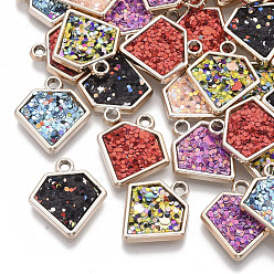 Light Gold UV Plating Acrylic Pendants, with Imitation Leather inlaid Glitter Sequins/Paillette, Mixed Color, Diamond, Light Gold, 20x18x2.5mm, Hole: 1.8mm
