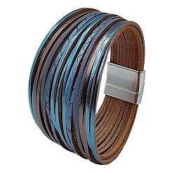 Deep Sky Blue PU Leather Multi-strand Bracelets, with Magnetic Clasps, Deep Sky Blue, 8-1/8 inch(20.5cm)