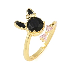 Черный Женские кольца-манжеты с зайчиками и бантами из латуни с микропаве из кубических цирконий, с эмалью, стойки покрытие, долговечный, без свинца и без кадмия, реальный 18 k позолоченный, чёрные, внутренний диаметр: 18 мм