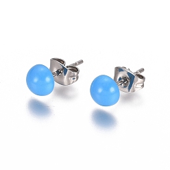Deep Sky Blue Spray Paint 304 Stainless Steel Stud Earrings, with Earring Backs, Half Round, Deep Sky Blue, 6x3mm, Pin: 0.8mm