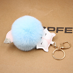 Light blue Fox Plush Leather Keychain with Fox Head Toy and Pom-Pom Backpack Pendant