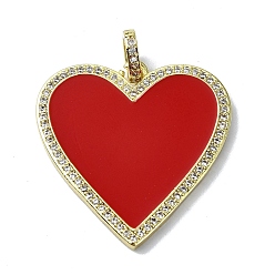 Red Rack Plating Real 18K Gold Plated Brass Micro Pave Cubic Zirconia Pendants, with Enamel, Long-Lasting Plated, Lead Free & Cadmium Free, Heart, Red, 31x30.5x2.5mm, Hole: 4.5x3mm