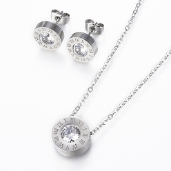 Stainless Steel Color 304 Stainless Steel Jewelry Sets, Pendant Necklaces and Stud Earrings, with Cubic Zirconia, Flat Round Carved Roman Numberals, Stainless Steel Color, 16.93 inch(43cm), 10x3mm, Pin: 0.8mm