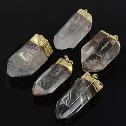 Golden Natural Quartz Crystal Pointed Pendants, Rock Crystal, with Brass Findings, Faceted, Bullet, Clear, Golden Metal Color, 38~55x10~17mm, Hole: 7x5mm