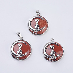 Red Jasper Natural Red Jasper Kitten Pendants, with Brass Findings, Flat Round with Cat & Crescent Moon Shape, Platinum, 32x27.5x10mm, Hole: 5x7mm