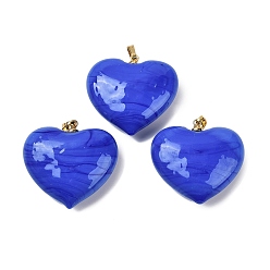 Синий Подвески лэмпворк ручной работы, с реечной накладкой из латуни с золотистым напылением, долговечный, шарма сердца, синие, 28.5x30.5x12.5 мм, отверстие : 6 мм