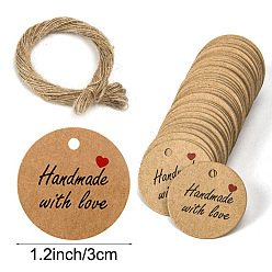 BurlyWood Kraft Paper Gift Tags, Hange Tags, with Hemp Rope, for Arts, Crafts and Food, Flat Round with Word Handmade with Love Pattern, BurlyWood, Tag: 3cm, about 101pcs/bag