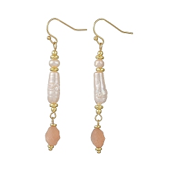 White 304 Stainless Steel with Natural Mixed Pearl Beads Strands Dangle Earrings, Nuggets, Natural Sunstone Beads Strands Dangle Earrings, Golden, White, 57~58x5.5~6mm