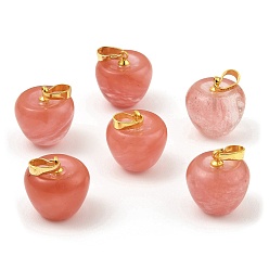 Cherry Quartz Glass Cherry Quartz Glass Teacher Apple Charms, with Golden Plated Brass Snap on Bails, 14.5x14mm, Hole: 6.5x4mm