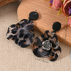 Черный Стильные акриловые серьги-гвоздики с леопардовым принтом, цветок, чёрные