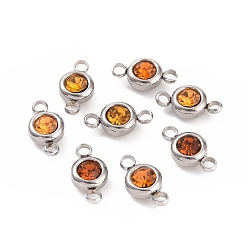 Topaz 304 Stainless Steel Rhinestone Links Connectors, Flat Round, Stainless Steel Color, Topaz, 12x6.5x4mm, Hole: 2mm