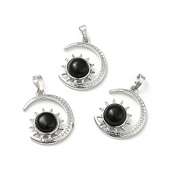 Obsidian Natural Obsidian Pendants, with Platinum Tone Brass Findings, Lead Free & Cadmium Free, Moon with Sun Charms, 29~30x23x7.5~8mm, Hole: 5x8mm