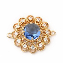 Sapphire Brass with K9 Glass Connector Charms, Golden Flower Links, Sapphire, 28.5x23x7mm, Hole: 1.6mm
