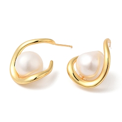 Real 18K Gold Plated Twist Teardrop with Natural Pearl Stud Earrings, Rack Plating Brass Jewelry for Women, Cadmium Free & Lead Free, Real 18K Gold Plated, 25x19mm, Pin: 0.8mm