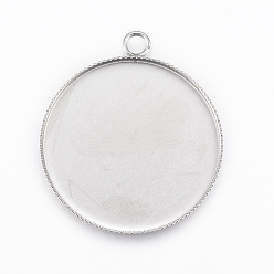 Stainless Steel Color 304 Stainless Steel Pendant Cabochon Settings, Flat Round, Stainless Steel Color, Tray: 30mm, 36x31x2mm, Hole: 3mm
