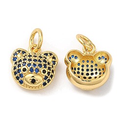 Midnight Blue Brass Pendants, with Cubic Zirconia, Lead Free & Cadmium Free, Bear Charms, Real 18K Gold Plated, Midnight Blue, 12.5x12x5mm, Hole: 4mm