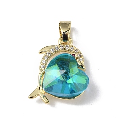 Dark Turquoise Real 18K Gold Plated Rack Plating Brass Micro Pave Clear Cubic Zirconia Pendants, with Glass, Long-Lasting Plated, Cadmium Free & Lead Free, Dolphin with Heart Charm, Dark Turquoise, 20.5x17x8mm, Hole: 5.5x3.5mm