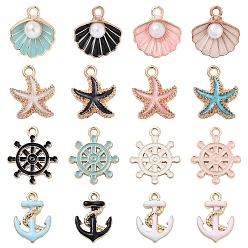 (52) Непрозрачная лаванда 16 шт 16 стили подвески из сплава эмали, морская тема, ракушка и якорь и морская звезда и штурвал, разноцветные, 15.5~19.5x14.5~17x1.5~6 мм, отверстие : 1.8~2 мм, 1 шт / стиль