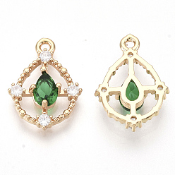 Sea Green Golden Tone Brass Pendants, with Faceted Glass and Rhinestone, Teardrop, Sea Green, 17x12.5x3.5mm, Hole: 1.2mm